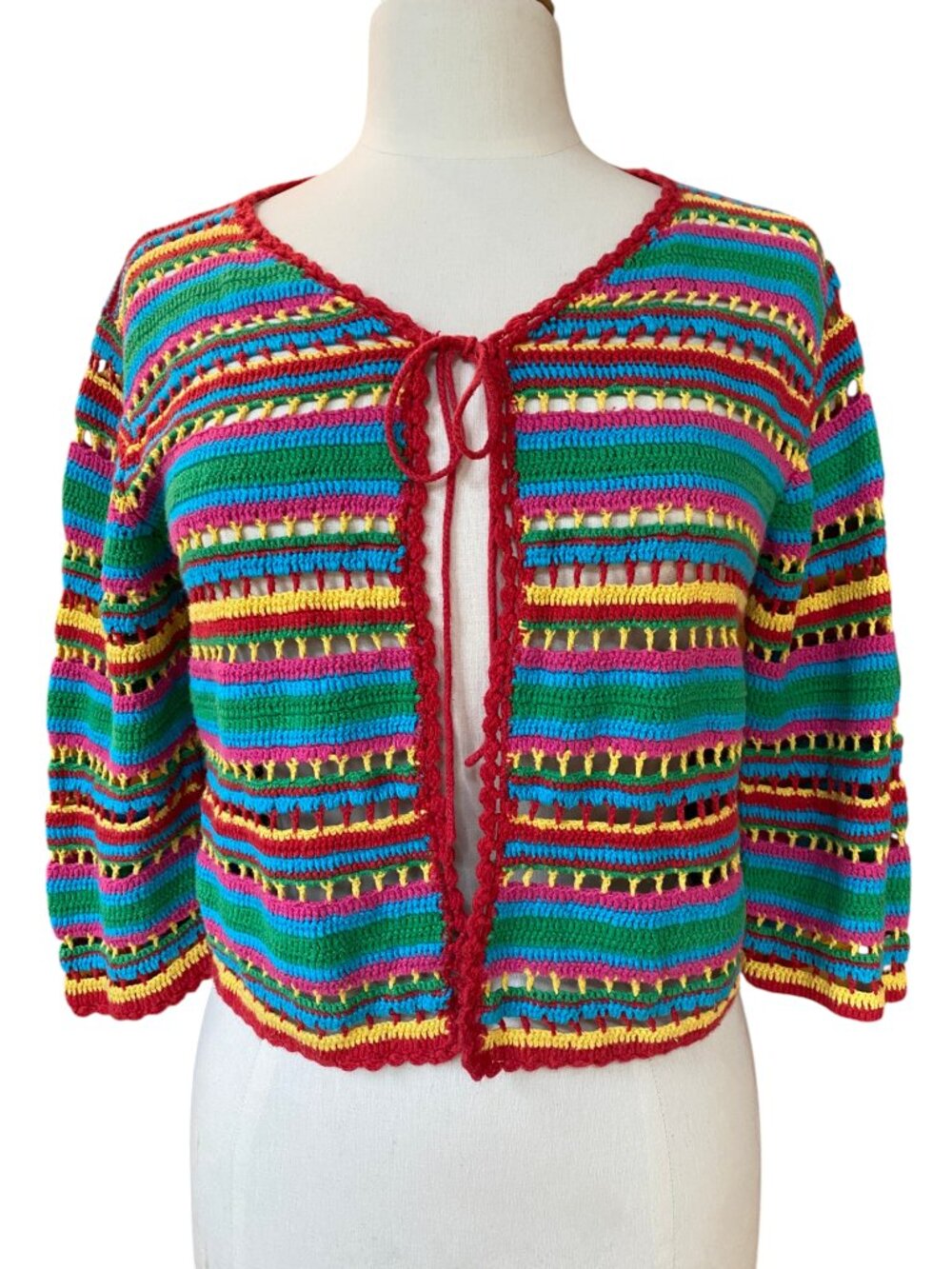 Vintage Y2K Takeout Rainbow Striped Open Crochet Tie-Front Cardigan Festival-L